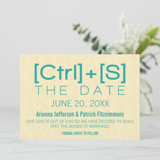 Geeky Typografie Save the Date, Blauwgroen Save The Date (Staand voorkant)