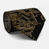 Geeky zwarte en gouden print computercircuit print stropdas (Opgerold)