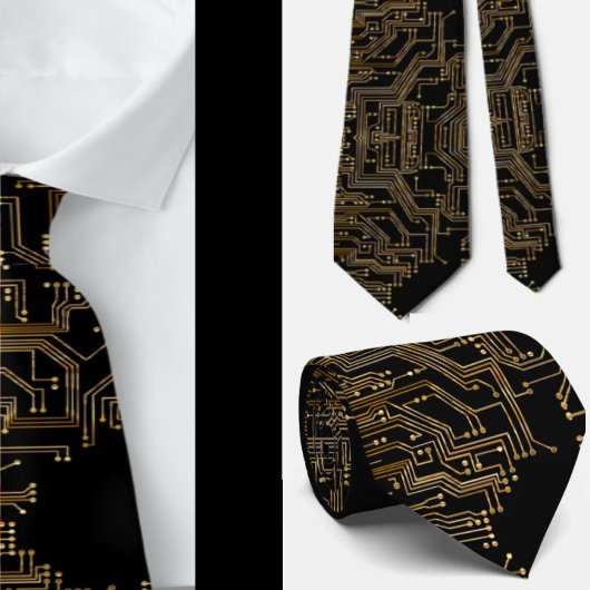 Geeky zwarte en gouden print computercircuit print stropdas