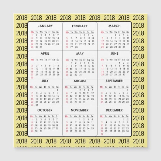 Geel 2018 Calendar Square Magnetic Card (Voorkant)