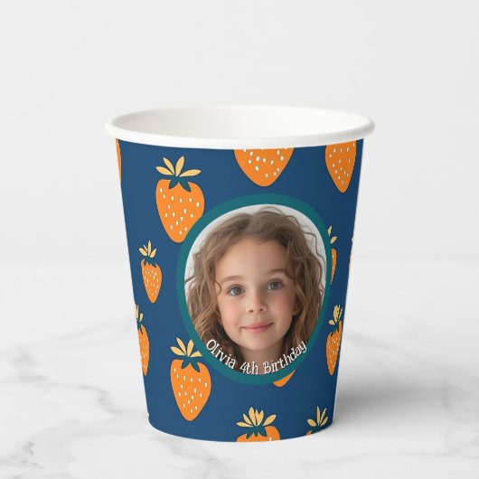 Geel Aardbei Blauw Custom Foto en Naam Papieren Bekers (Achterkant)