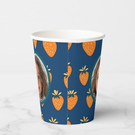 Geel Aardbei Blauw Custom Foto en Naam Papieren Bekers (Rechts)