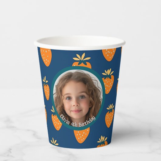 Geel Aardbei Blauw Custom Foto en Naam Papieren Bekers (Voorkant)