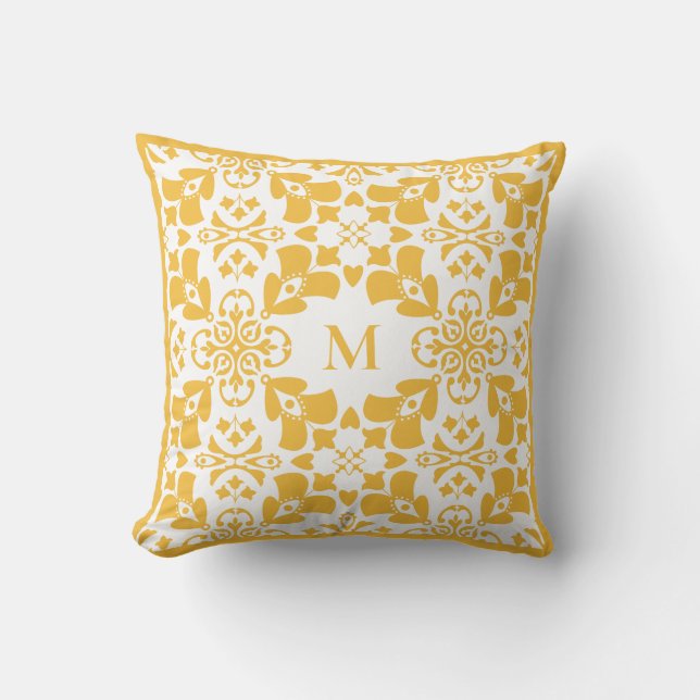 Geel Abstract Bloempatroon Modern Monogram Kussen (Voorkant)