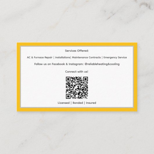 Geel AC Unit Verwarming Koeling HVAC Visitekaartje (Achterkant)