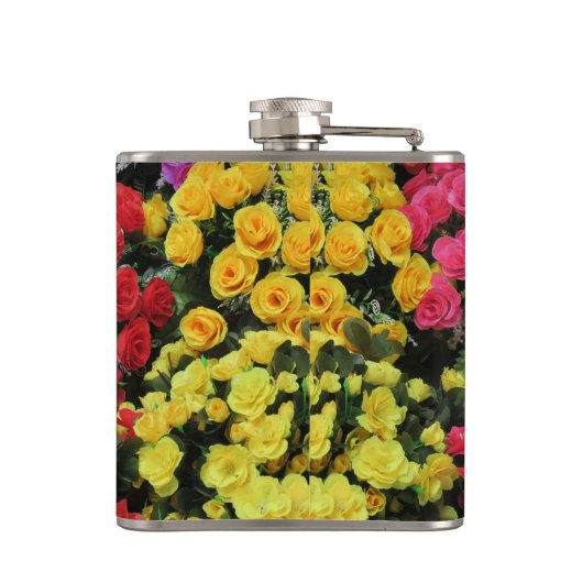 geel, afbeelding, , rood, roze, rozen, bloemen, heupfles (Achterkant)