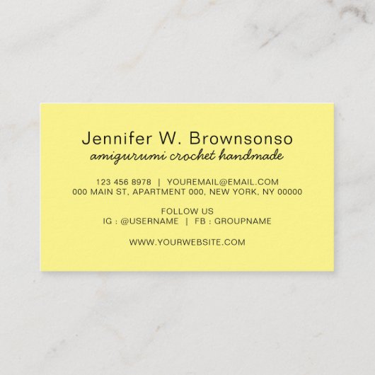 Geel Amigurumi Handgemaakt Garen Gebreid Haak Visitekaartje (Achterkant)