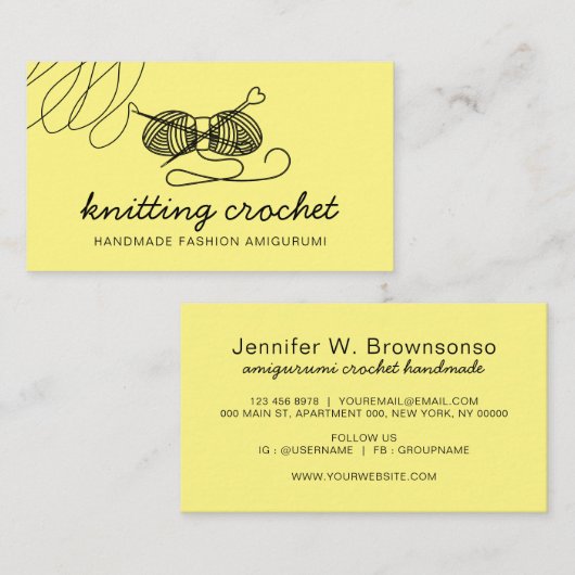 Geel Amigurumi Handgemaakt Garen Gebreid Haak Visitekaartje (Voorkant / Achterkant)
