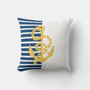 Geel Anker Blauw en Witte Striped Achtergrond Kussen