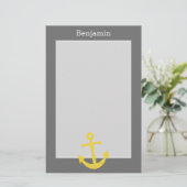 Geel anker met aangepaste naam - Grijs Briefpapier (Staand voorkant)