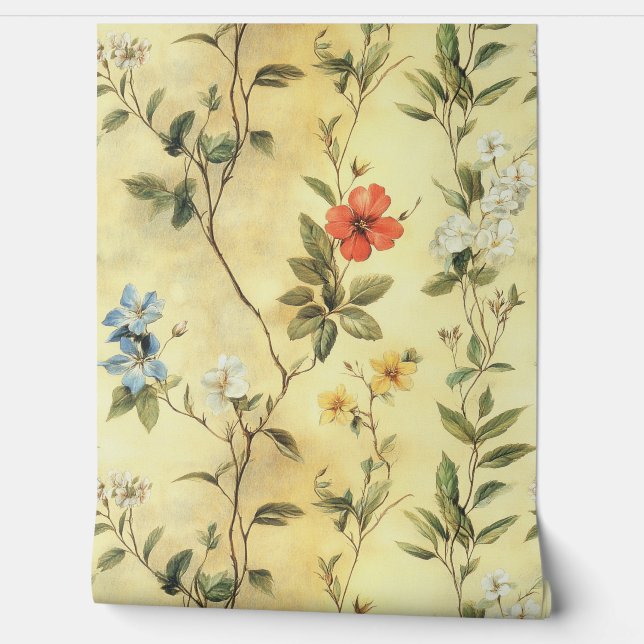 Geel Antieke Stijl Bloemen Behang (Afrollen)