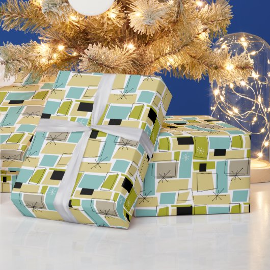Geel Aqua Blue Squares Starburst midden eeuw Cadeaupapier (Feestdagen)