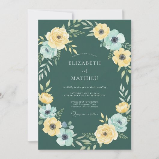 Geel Aqua Loof Eucalyptus Bruiloft Kaart (Voorkant)
