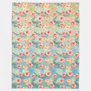 Geel Aqua Roze Perzik Hibiscus Bloemig Fleece Deken