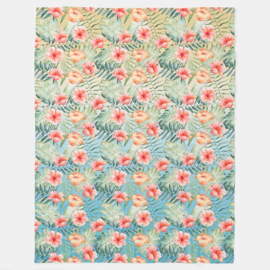 Geel Aqua Roze Perzik Hibiscus Bloemig Fleece Deken (Voorkant)