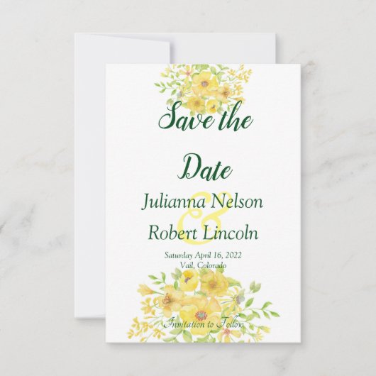 Geel aquarel bloemensave the date uitnodiging (Voorkant)