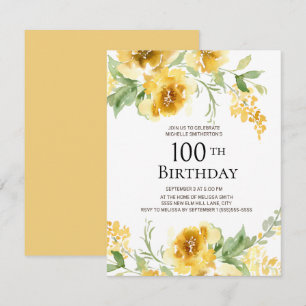 Geel Aquarel Bloemgroen 100ste Verjaardag Kaart