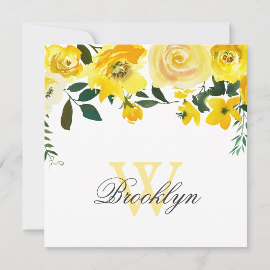 Geel Aquarel Bloemige Monogram Bedankt Kaart (Voorkant)
