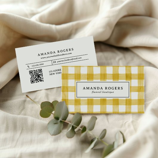 Geel Aquarel Buffalo Plaid QR CODE modern Visitekaartje