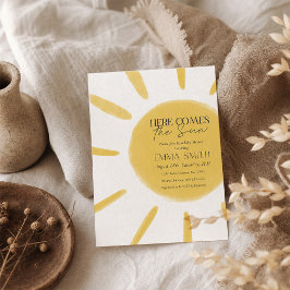 Geel Aquarel Here Comes The Sun Baby Shower Kaart