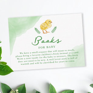 Geel aquarel kuiken met groene boeken voor baby informatiekaartje