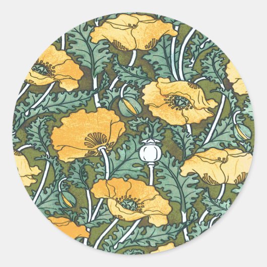 geel Art Nouveau Poppy Ronde Sticker (Voorkant)