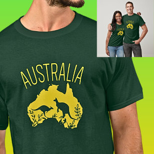 Geel Australië Kaart met Kangoeroes op Donkergroen T-shirt