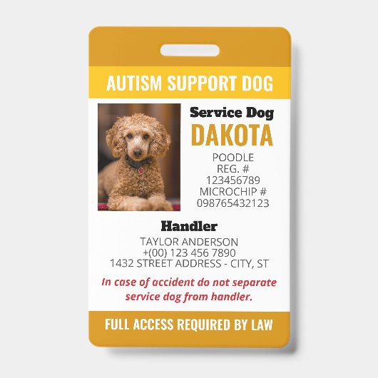 Geel Autisme Ondersteuning Hond Logo QR Foto-ID Badge (Front)
