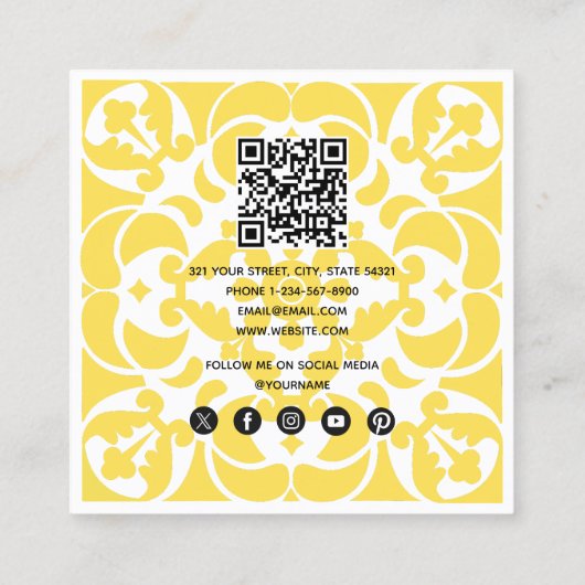 Geel Azulejos Portugees Spaans Mediterraan Vierkante Visitekaartje (Achterkant)