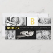 Geel Baby Monogram 5 Foto Collage Moderne Geboorte Aankondiging (Voorkant)