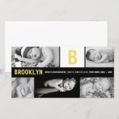 Geel Baby Monogram 5 Foto Collage Moderne Geboorte Aankondiging (Voorkant / Achterkant)