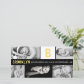Geel Baby Monogram 5 Foto Collage Moderne Geboorte Aankondiging (Staand voorkant)