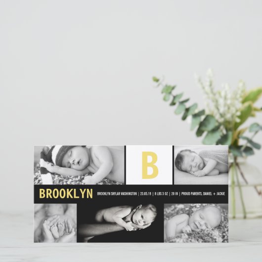Geel Baby Monogram 5 Foto Collage Moderne Geboorte Aankondiging (Staand voorkant)