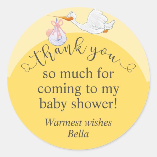 Geel Baby shower Ooievaar Dank u Sticker (Voorkant)