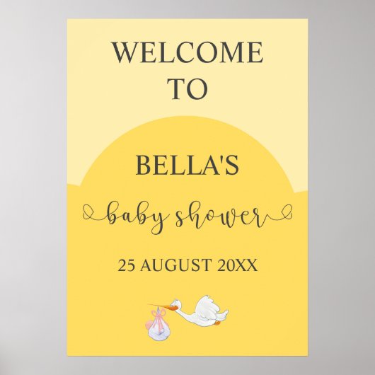 Geel Baby shower Ooievaar Welkomstbord Poster (Voorkant)
