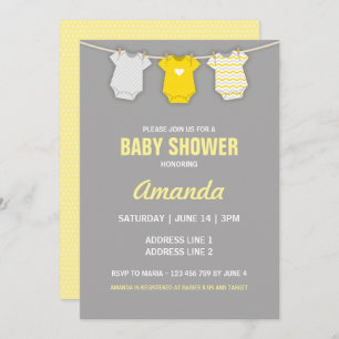 Geel Baby shower Uitnodiging, Clothesline Thema Kaart