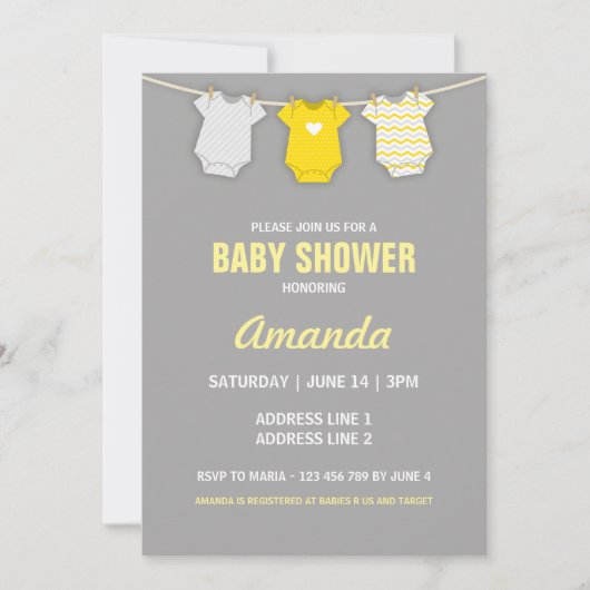 Geel Baby shower uitnodiging, waslijn thema Kaart (Voorkant)