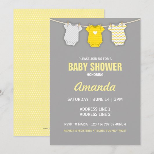 Geel Baby shower uitnodiging, waslijn thema Kaart (Voorkant / Achterkant)