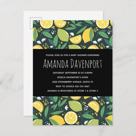 Geel Baby shower van het lam- en Limoen-fruitpatro Uitnodiging Briefkaart (Voorkant / Achterkant)