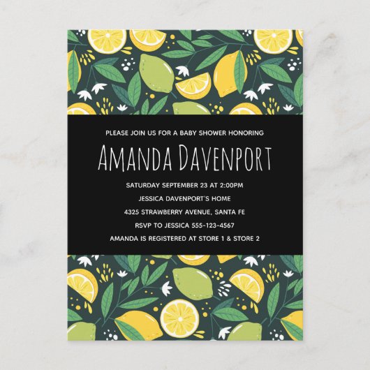 Geel Baby shower van het lam- en Limoen-fruitpatro Uitnodiging Briefkaart (Voorkant)