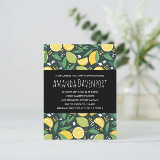 Geel Baby shower van het lam- en Limoen-fruitpatro Uitnodiging Briefkaart (Staand voorkant)