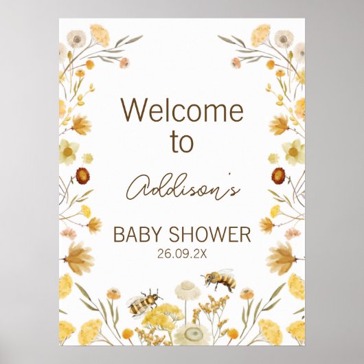 Geel Baby shower Wildbloem Welkomstteken Poster (Voorkant)