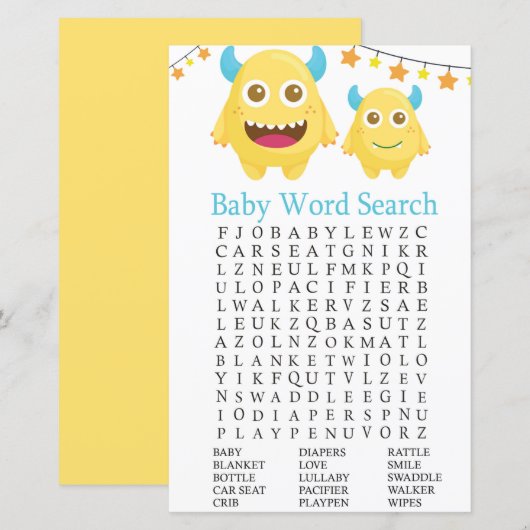 Geel Baby shower Word Search Game (Voorkant / Achterkant)