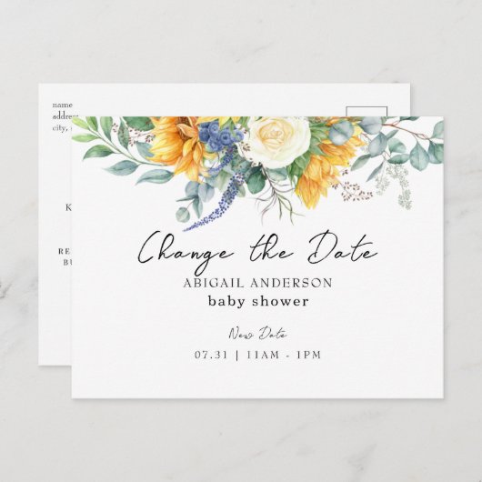Geel Baby shower Zonnebloem Verander de Datum Briefkaart (Voorkant / Achterkant)