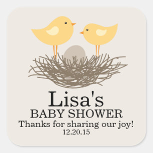 Geel Baby Vogelnest   BABY SHOWER Vierkante Sticker