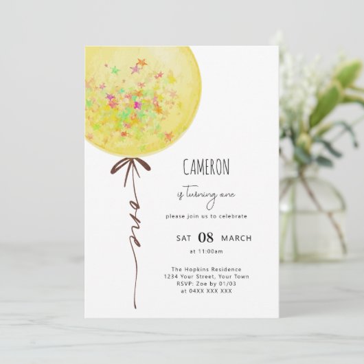 Geel Ballon Waterverf Verjaardagsfeest Kaart (Staand voorkant)