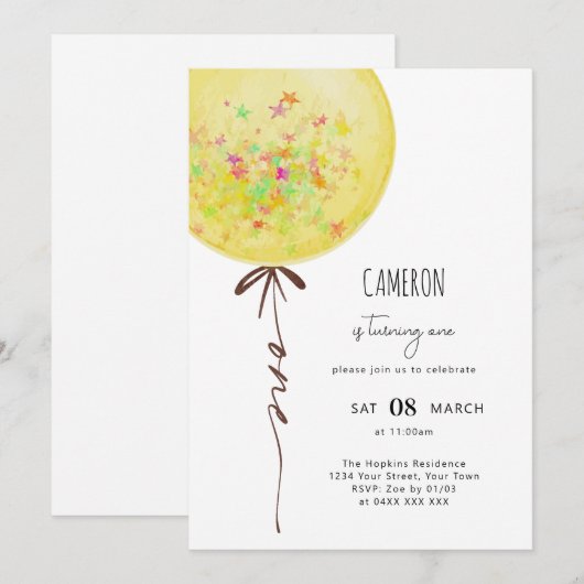 Geel Ballon Waterverf Verjaardagsfeest Kaart (Voorkant / Achterkant)