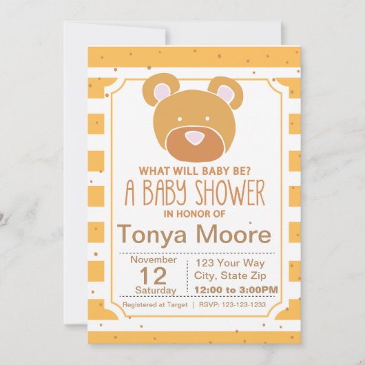 Geel Beer Baby shower uitnodiging (Voorkant)