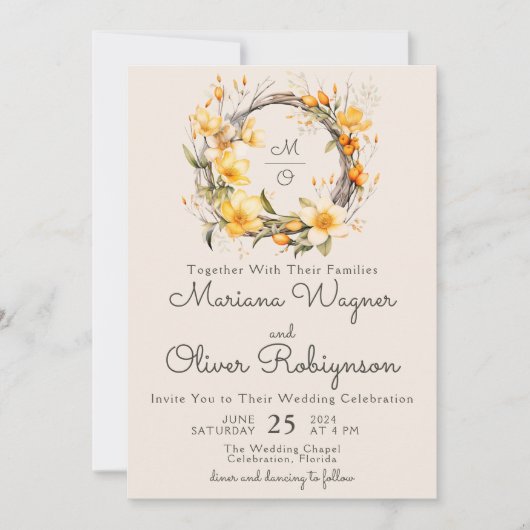 Geel Beige Romantische Floral bruiloft uitnodiging (Voorkant)