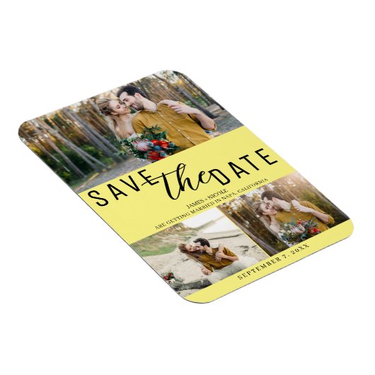 Geel Bewaar de datum Bruiloft 3 Foto's Magneet (Rechterzijde)
